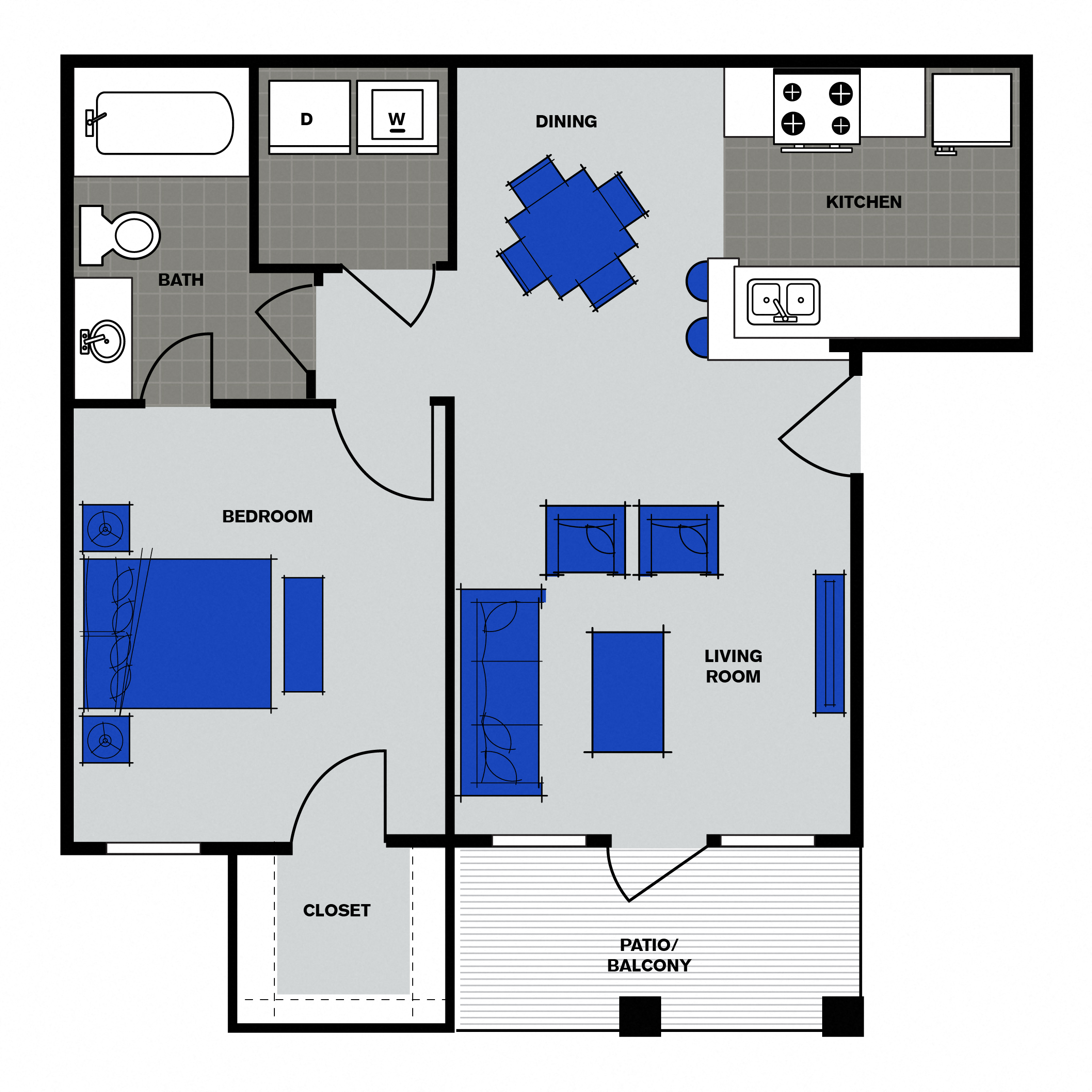 Floor plan for 1 bed, 1 bath, 650 sqft
